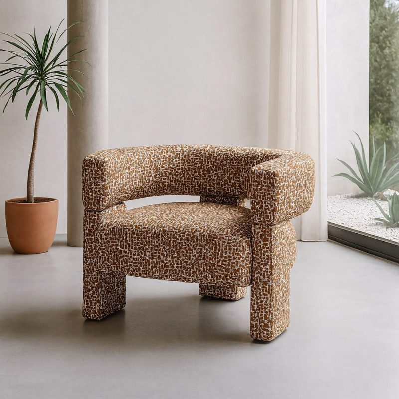 Fauteuil design organique rétro années 70 Tissu Vert kaki Motif géométrique Beige Calyaro 