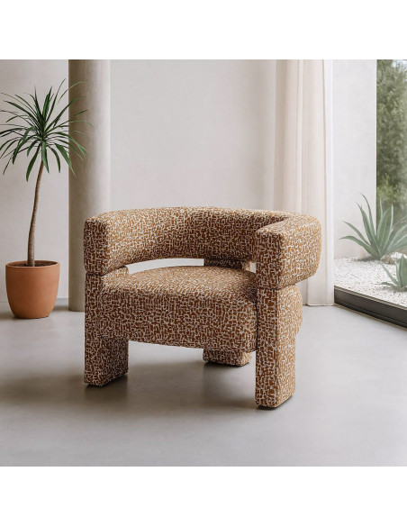 Fauteuil design organique rétro années 70 Tissu Vert kaki Motif géométrique Beige Calyaro 