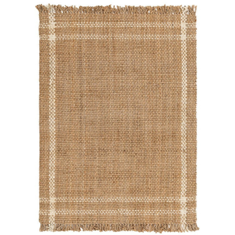 Grand Tapis bohème chic Rectangulaire 160x230 Jute Naturel Blanc Tressé Avec franges Altea