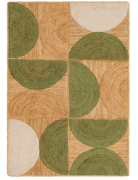 Grand Tapis rétro moderne Rectangulaire 160x230 Jute Naturel Vert Blanc crème Tressé Motif graphique Almonta