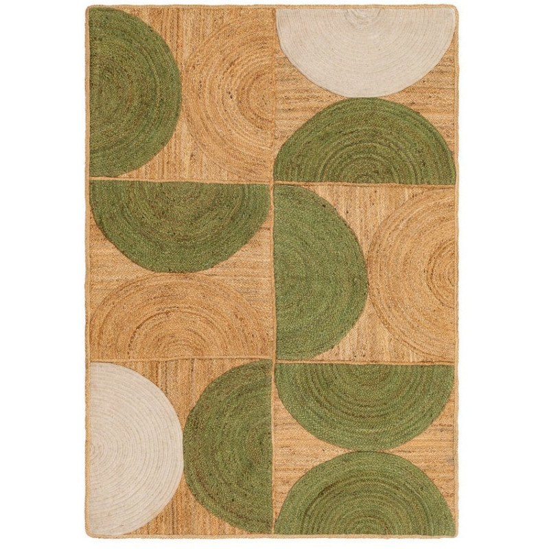 Grand Tapis rétro moderne Rectangulaire 160x230 Jute Naturel Vert Blanc crème Tressé Motif graphique Almonta