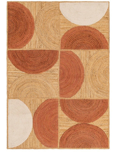Grand Tapis rétro moderne Rectangulaire 160x230 Jute Naturel Terracotta Blanc crème Tressé Motif graphique Almonta
