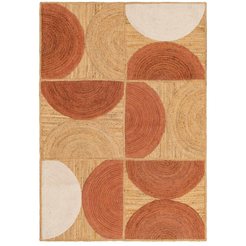 Grand Tapis rétro moderne Rectangulaire 160x230 Jute Naturel Terracotta Blanc crème Tressé Motif graphique Almonta