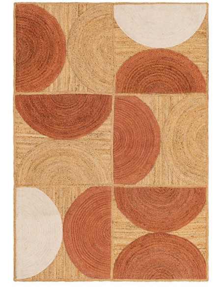 Grand Tapis rétro moderne Rectangulaire 160x230 Jute Naturel Terracotta Blanc crème Tressé Motif graphique Almonta