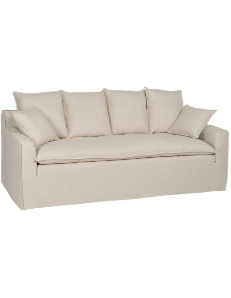 Grand Canapé moderne style Hamptons chic Droit 4 places 220 cm Tissu Blanc crème Bois de pin massif MDF Almareta 