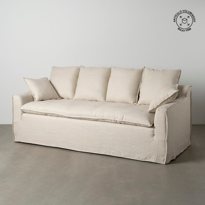 Grand Canapé moderne style Hamptons chic Droit 4 places 220 cm Tissu Blanc crème Bois de pin massif MDF Almareta 