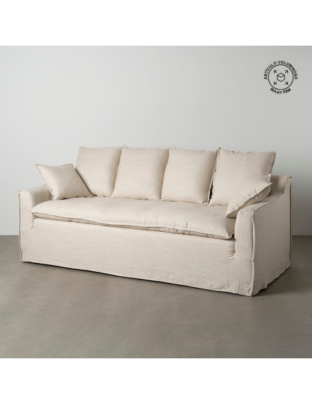 Grand Canapé moderne style Hamptons chic Droit 4 places 220 cm Tissu Blanc crème Bois de pin massif MDF Almareta 