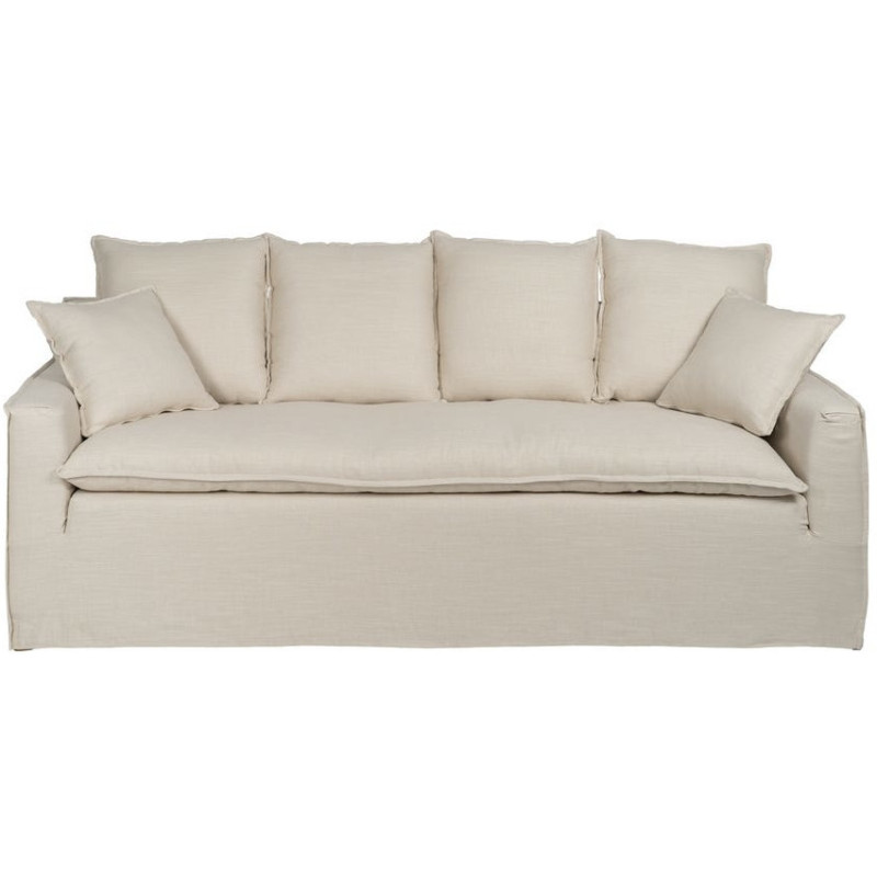 Grand Canapé moderne style Hamptons chic Droit 4 places 220 cm Tissu Blanc crème Bois de pin massif MDF Almareta 