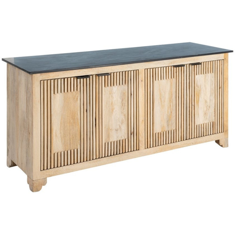 Grand Buffet Enfilade Japandi chic Bas 4 portes Marbre Noir Bois de manguier Naturel Natsuvik 