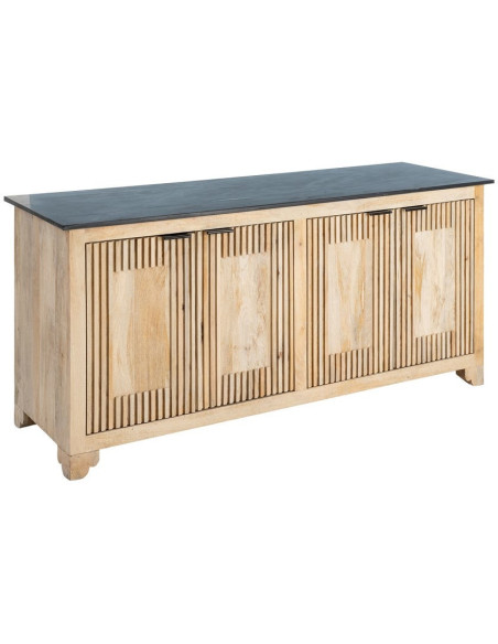 Grand Buffet Enfilade Japandi chic Bas 4 portes Marbre Noir Bois de manguier Naturel Natsuvik 