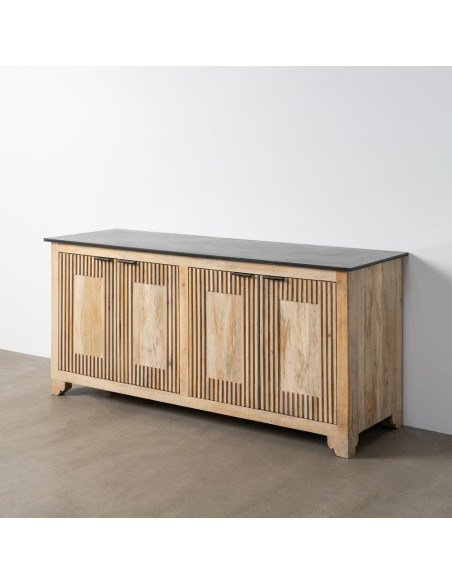 Grand Buffet Enfilade Japandi chic Bas 4 portes Marbre Noir Bois de manguier Naturel Natsuvik 