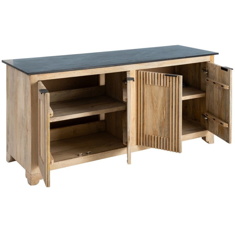 Grand Buffet Enfilade Japandi chic Bas 4 portes Marbre Noir Bois de manguier Naturel Natsuvik 
