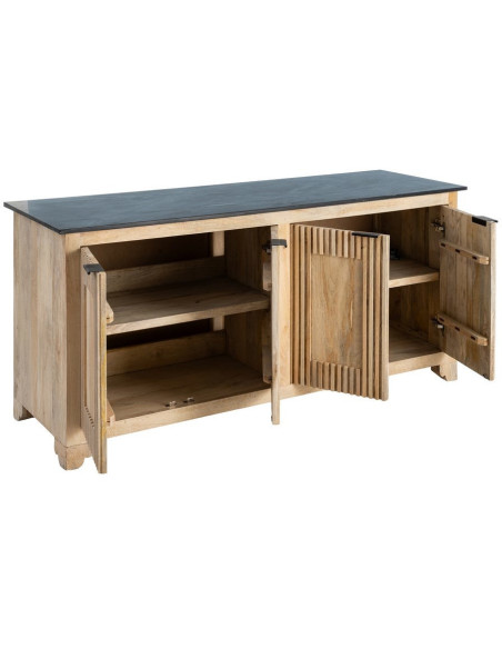 Grand Buffet Enfilade Japandi chic Bas 4 portes Marbre Noir Bois de manguier Naturel Natsuvik 