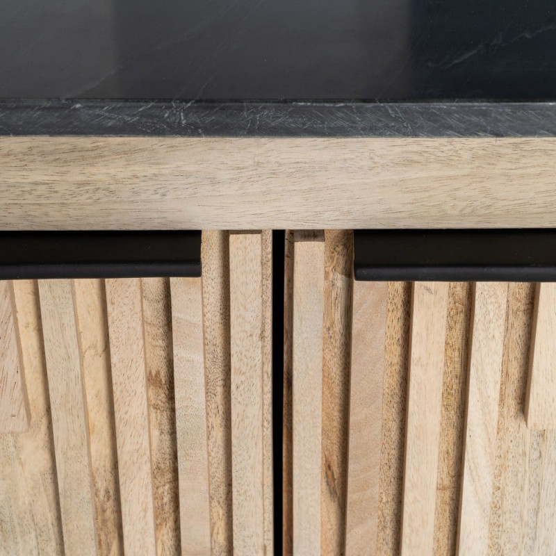 Grand Buffet Enfilade Japandi chic Bas 4 portes Marbre Noir Bois de manguier Naturel Natsuvik 