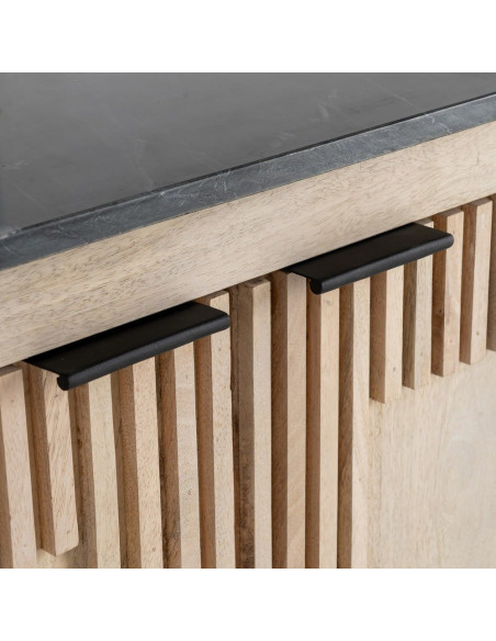 Grand Buffet Enfilade Japandi chic Bas 4 portes Marbre Noir Bois de manguier Naturel Natsuvik 