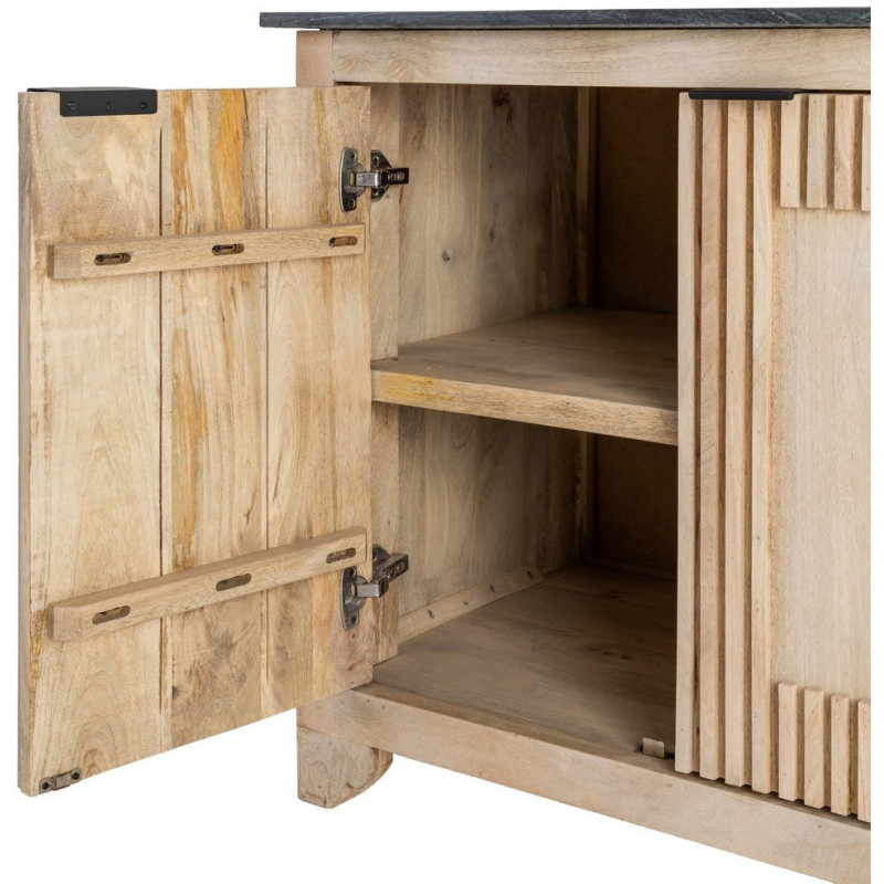 Grand Buffet Enfilade Japandi chic Bas 4 portes Marbre Noir Bois de manguier Naturel Natsuvik 