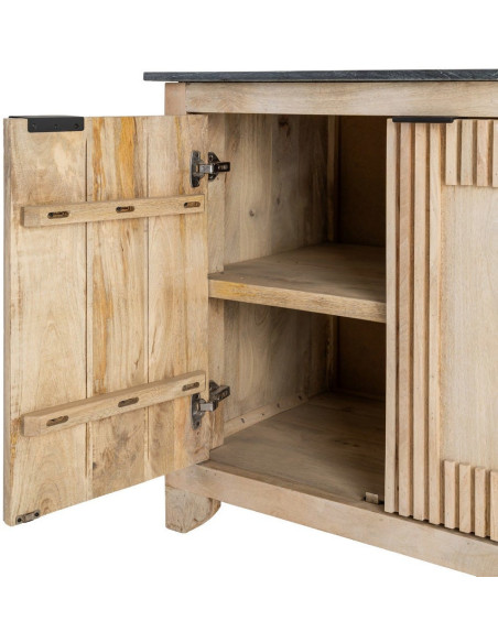 Grand Buffet Enfilade Japandi chic Bas 4 portes Marbre Noir Bois de manguier Naturel Natsuvik 
