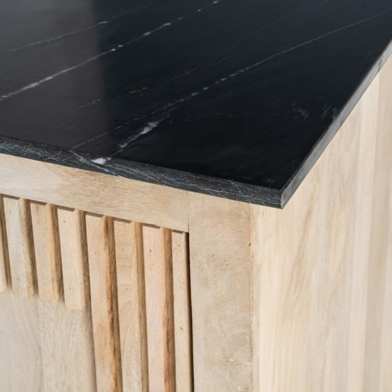 Grand Buffet Enfilade Japandi chic Bas 4 portes Marbre Noir Bois de manguier Naturel Natsuvik 