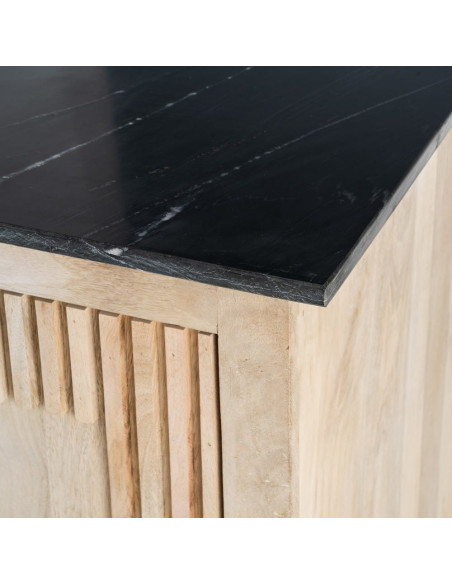 Grand Buffet Enfilade Japandi chic Bas 4 portes Marbre Noir Bois de manguier Naturel Natsuvik 