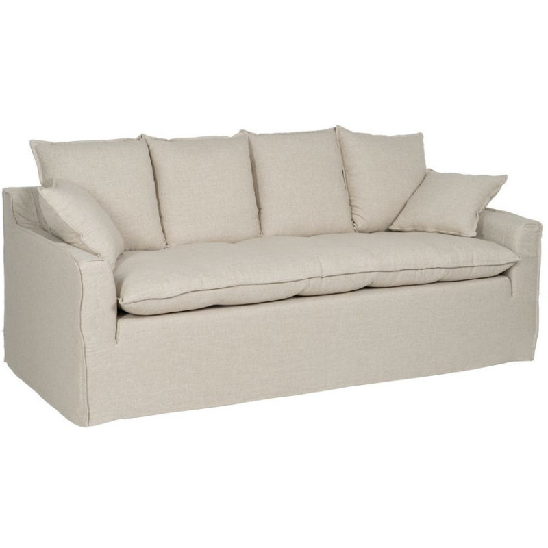 Grand Canapé moderne style Hamptons chic Droit 4 places 220 cm Tissu Beige naturel Bois de pin massif MDF Almareta 