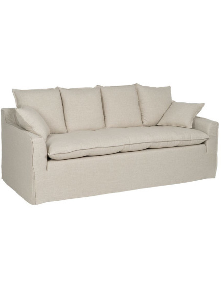 Grand Canapé moderne style Hamptons chic Droit 4 places 220 cm Tissu Beige naturel Bois de pin massif MDF Almareta 