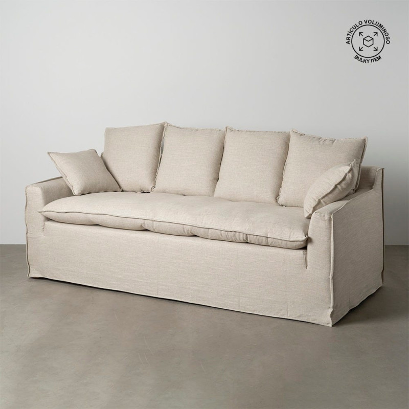 Grand Canapé moderne style Hamptons chic Droit 4 places 220 cm Tissu Beige naturel Bois de pin massif MDF Almareta 