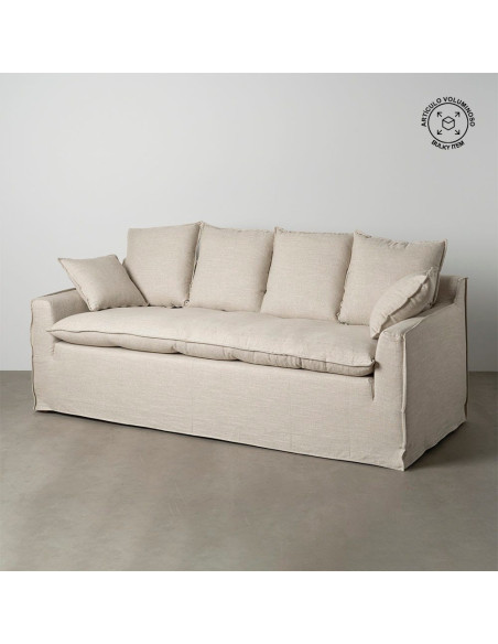 Grand Canapé moderne style Hamptons chic Droit 4 places 220 cm Tissu Beige naturel Bois de pin massif MDF Almareta 