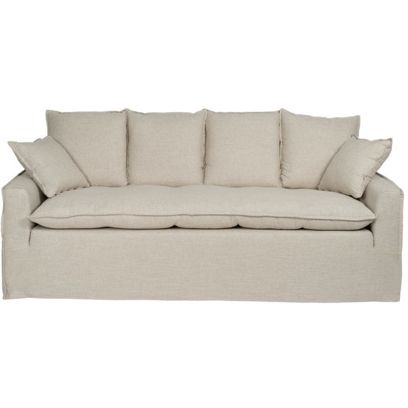 Grand Canapé moderne style Hamptons chic Droit 4 places 220 cm Tissu Beige naturel Bois de pin massif MDF Almareta 