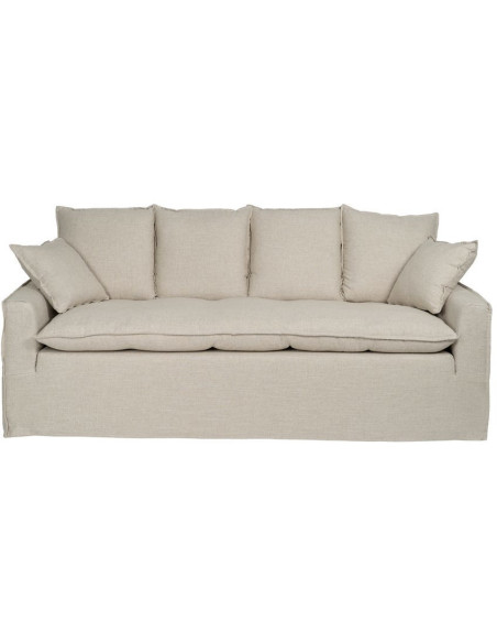 Grand Canapé moderne style Hamptons chic Droit 4 places 220 cm Tissu Beige naturel Bois de pin massif MDF Almareta 