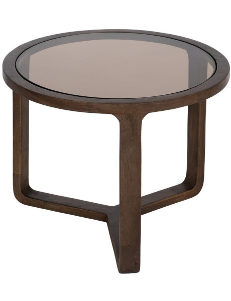 Table basse design rétro moderne Ronde 60 cm Bois de manguier Marron Verre Ambré Orvina 