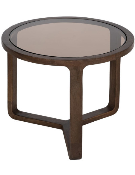 Table basse design rétro moderne Ronde 60 cm Bois de manguier Marron Verre Ambré Orvina 