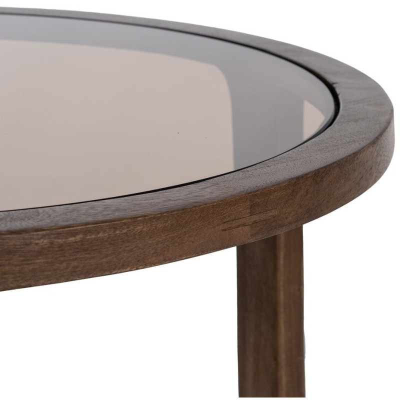 Table basse design rétro moderne Ronde 60 cm Bois de manguier Marron Verre Ambré Orvina 