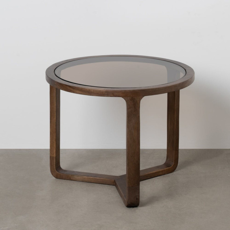 Table basse design rétro moderne Ronde 60 cm Bois de manguier Marron Verre Ambré Orvina 