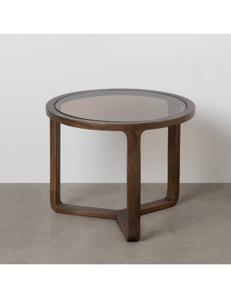 Table basse design rétro moderne Ronde 60 cm Bois de manguier Marron Verre Ambré Orvina 