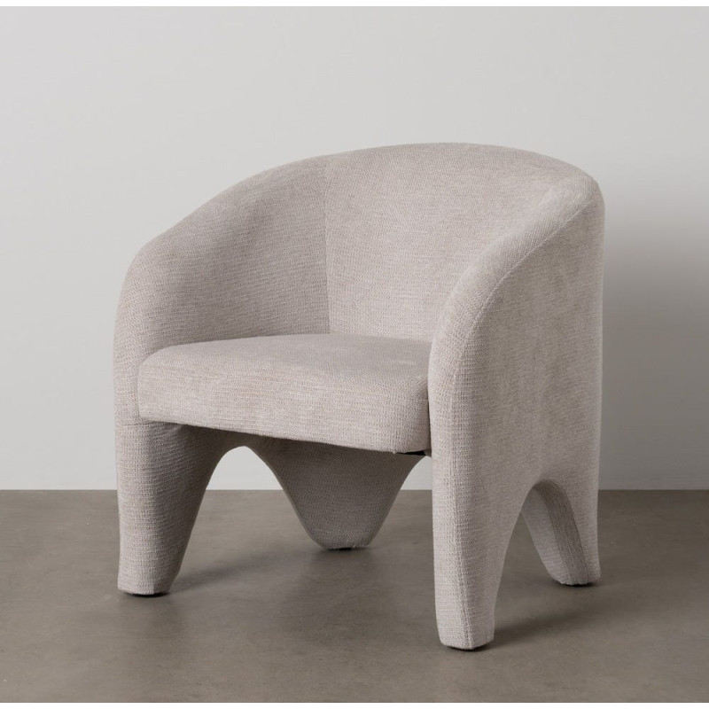 Fauteuil design organique moderne style années 70 revisité Tissu Beige Bois= Métal Solimio 