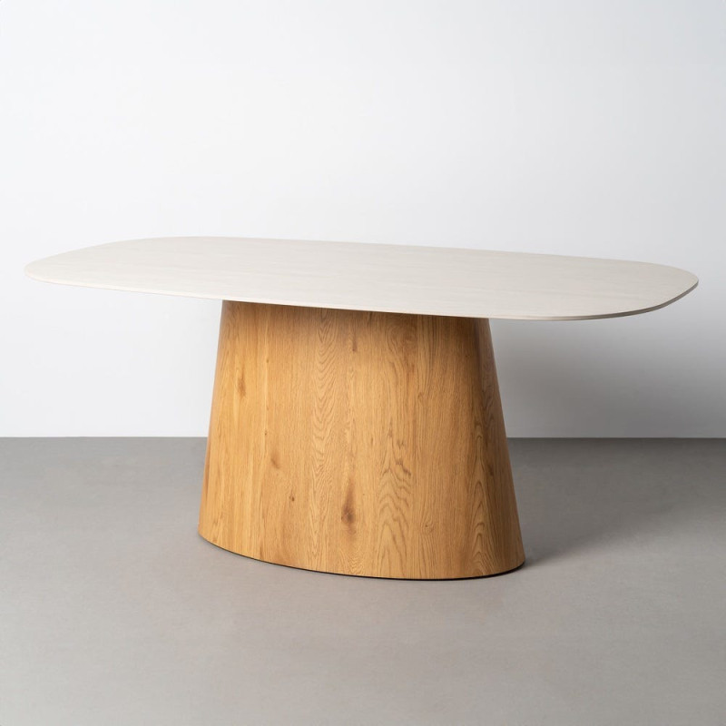 Grande Table à manger design minimaliste sculptural Arrondie 6 personnes 180 cm Pierre frittée artificielle Beige Bois MDF Papie