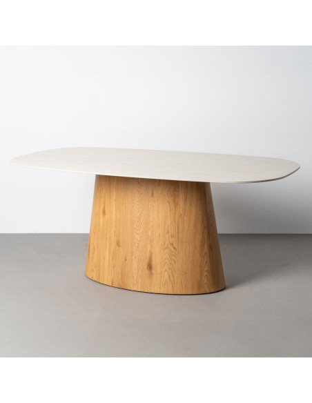 Grande Table à manger design minimaliste sculptural Arrondie 6 personnes 180 cm Pierre frittée artificielle Beige Bois MDF Papie