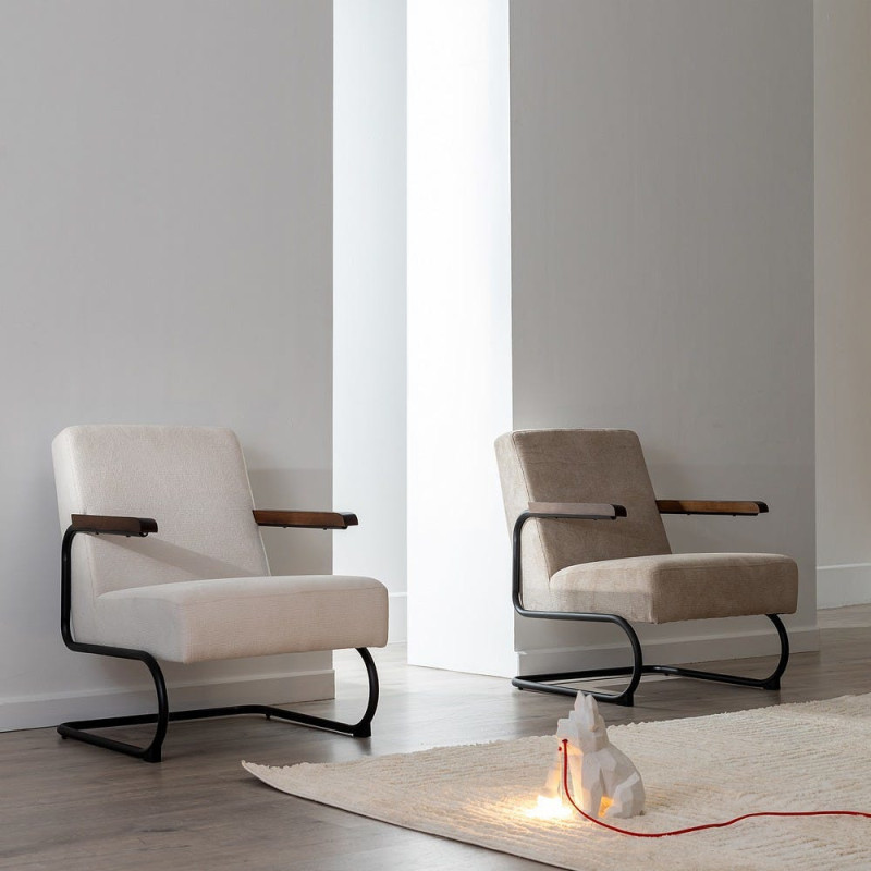 Fauteuil industriel vintage Tissu Vieux taupe Métal Noir Bois Marron foncé Arvello 