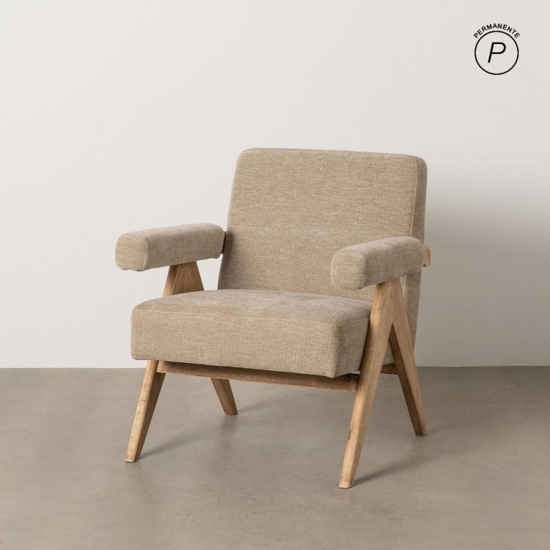 Fauteuil scandinave vintage Tissu Beige Bois d'hévéa Naturel Lenviro 
