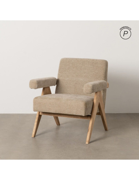 Fauteuil scandinave vintage Tissu Beige Bois d'hévéa Naturel Lenviro 
