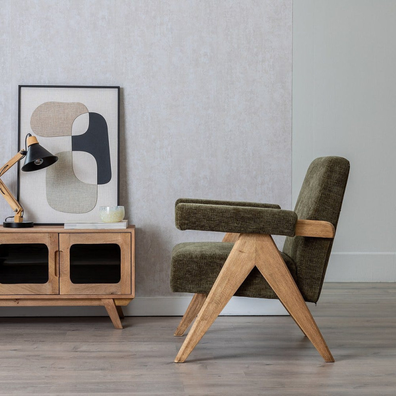 Fauteuil scandinave vintage Tissu Vert Bois d'hévéa Naturel Lenviro 