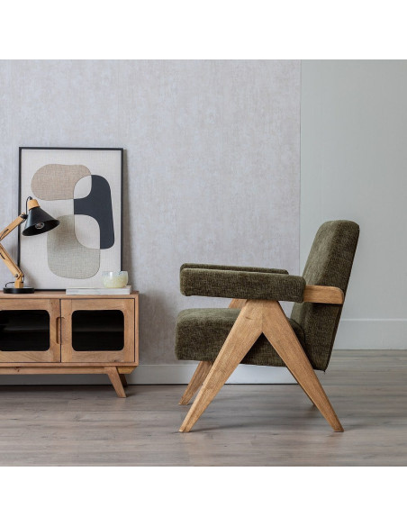 Fauteuil scandinave vintage Tissu Vert Bois d'hévéa Naturel Lenviro 
