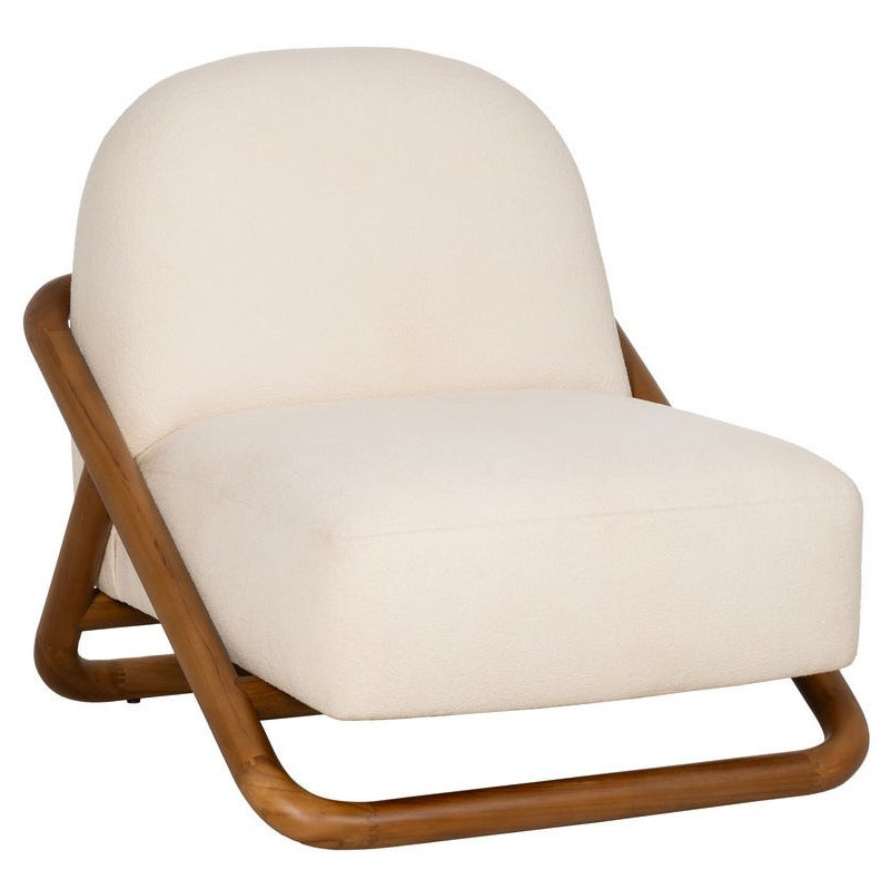 Fauteuil lounge Japandi minimaliste Tissu Blanc Bois de teck Marron Bamboro 