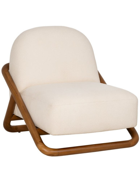 Fauteuil lounge Japandi minimaliste Tissu Blanc Bois de teck Marron Bamboro 
