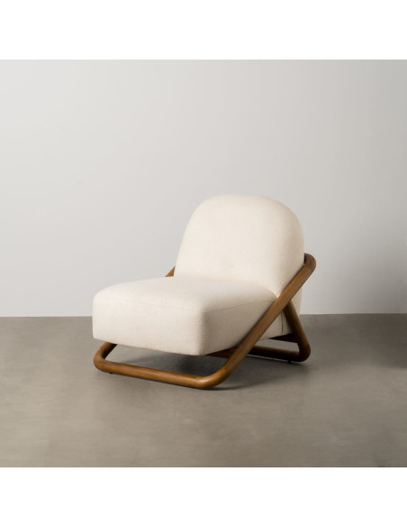 Fauteuil lounge Japandi minimaliste Tissu Blanc Bois de teck Marron Bamboro 