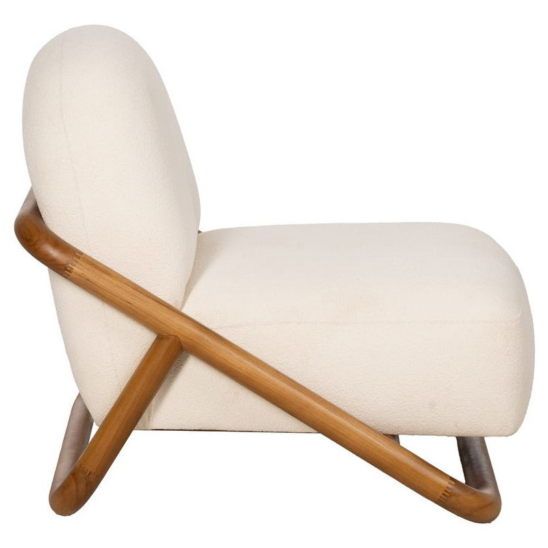 Fauteuil lounge Japandi minimaliste Tissu Blanc Bois de teck Marron Bamboro 