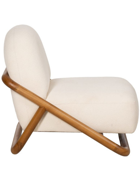 Fauteuil lounge Japandi minimaliste Tissu Blanc Bois de teck Marron Bamboro 