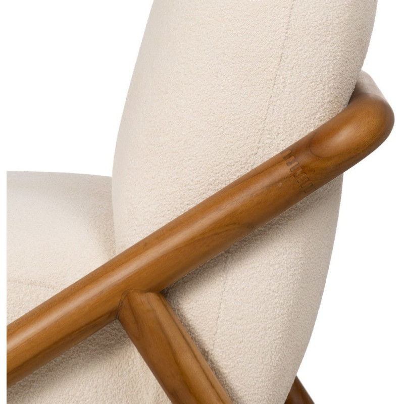 Fauteuil lounge Japandi minimaliste Tissu Blanc Bois de teck Marron Bamboro 