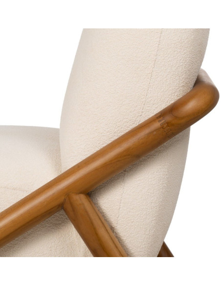 Fauteuil lounge Japandi minimaliste Tissu Blanc Bois de teck Marron Bamboro 