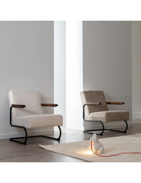 Fauteuil industriel vintage Tissu Beige Métal Noir Bois Marron foncé Arvello 